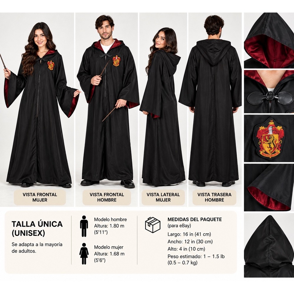 Gryffindor Robe Adult Unisex Harry Potter Costume Wizard Cloak One Size Black